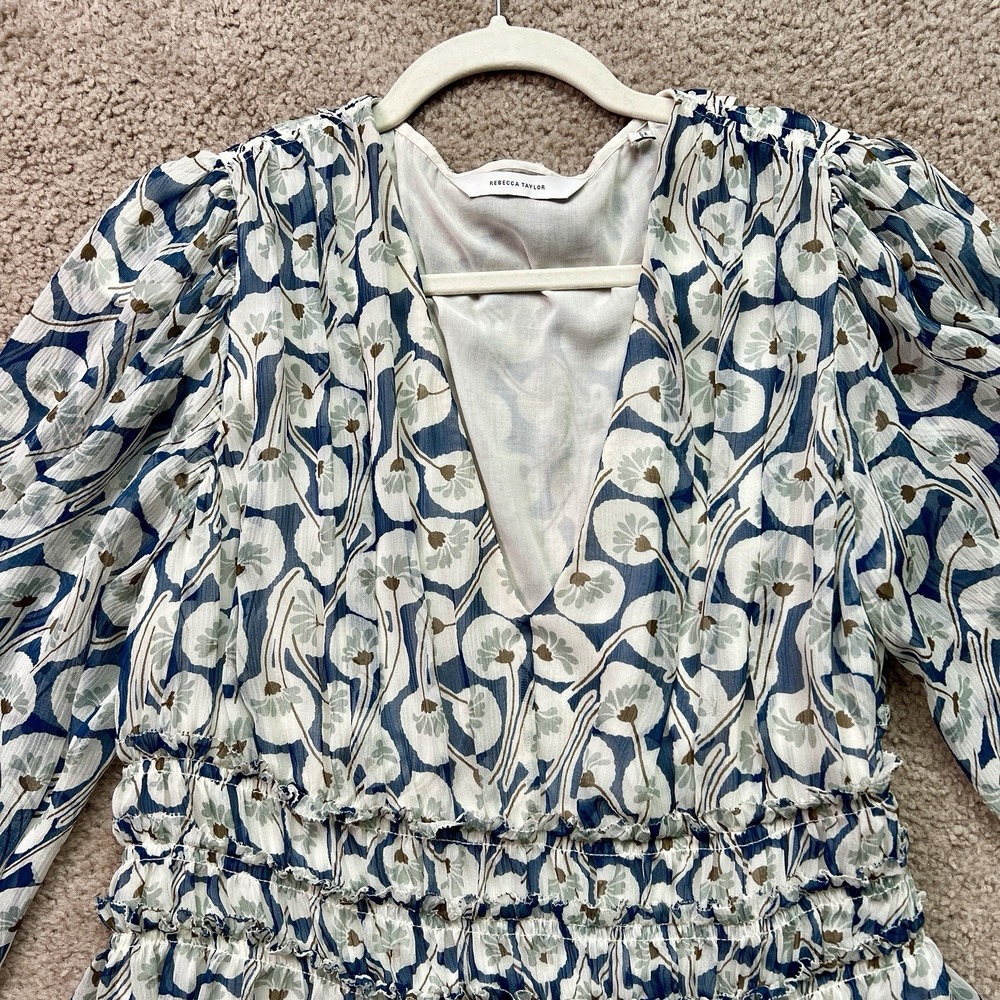 Rebecca Taylor Silk Floral Long Sleeve V Neck Lined Blouse Top White Blue Siz 10 - Picture 2 of 12
